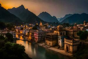 le ville de rishikesh par Rajesh Kumar - ville, nature, montagnes. généré par ai photo