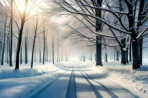 hiver paysage avec des arbres et neige couvert route. généré par ai photo