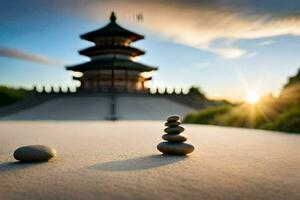 le Soleil est réglage derrière une pagode dans le Contexte. généré par ai photo