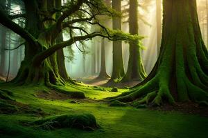 le Soleil brille par le des arbres dans une forêt. généré par ai photo