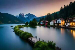 Maisons sur le rive de une Lac à crépuscule. généré par ai photo