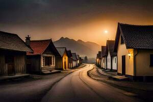 une longue route de premier plan à une village avec Maisons. généré par ai photo