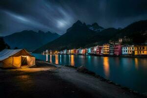 photo fond d'écran le ciel, montagnes, nuit, le rivière, le ville, le montagnes, le. généré par ai