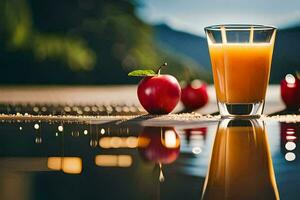 une verre de jus avec pommes sur le sol. généré par ai photo