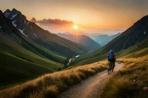 une homme équitation une Montagne bicyclette sur une Piste à le coucher du soleil. généré par ai photo