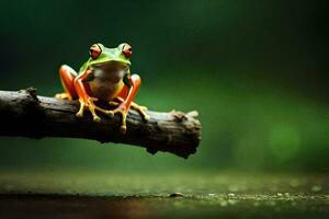 une rouge regardé arbre grenouille séance sur une branche. généré par ai photo