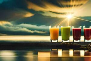 quatre des lunettes de jus sur une table avec le Soleil brillant. généré par ai photo