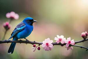 une bleu oiseau est assis sur une branche avec rose fleurs. généré par ai photo