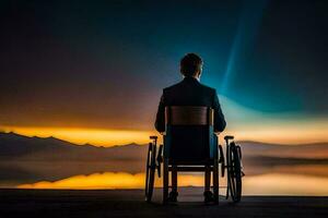 une homme dans une fauteuil roulant est assis sur une Dock à le coucher du soleil. généré par ai photo