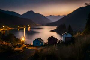 photo fond d'écran le ciel, montagnes, lac, le lumières, le lumières, le lumières, le. généré par ai