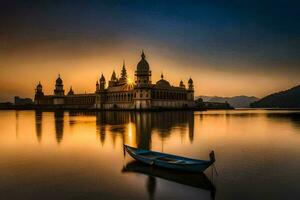 le Soleil ensembles plus de une palais dans Inde. généré par ai photo