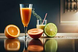 une verre de Orange jus et tranches de melon. généré par ai photo