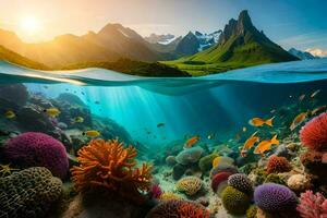 le Soleil brille plus de une corail récif et montagnes. généré par ai photo