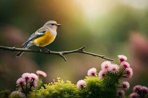 une oiseau est assis sur une branche avec rose fleurs. généré par ai photo