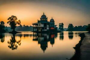 une temple est assis sur le bord de une Lac à le coucher du soleil. généré par ai photo