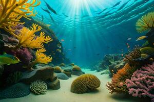 le Soleil brille plus de une corail récif et poisson. généré par ai photo