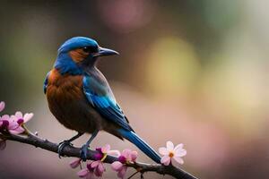 une bleu et Orange oiseau est assis sur une branche avec rose fleurs. généré par ai photo