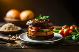 une Burger avec des légumes et épices sur une plaque. généré par ai photo