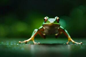 une grenouille est permanent sur le sol avec ses jambes diffuser. généré par ai photo