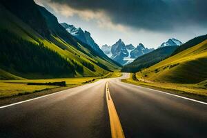 une route dans le montagnes avec une vert herbeux champ. généré par ai photo
