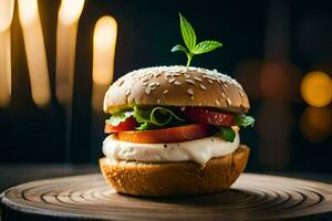 une Hamburger avec fromage et tomate sur une en bois plaque. généré par ai photo