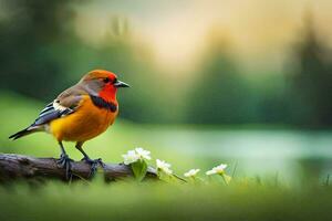 une oiseau est séance sur une branche dans le herbe. généré par ai photo