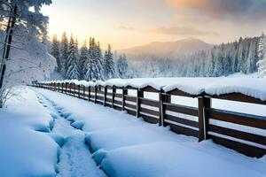 une neigeux chemin pistes à une en bois clôture. généré par ai photo