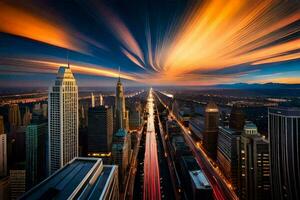 une longue exposition photographier de le ville horizon à le coucher du soleil. généré par ai photo