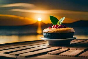 une dessert sur une assiette avec une le coucher du soleil dans le Contexte. généré par ai photo