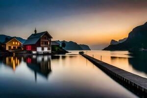 une maison sur le l'eau avec une Dock à le coucher du soleil. généré par ai photo