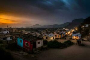 une village à le coucher du soleil avec coloré Maisons. généré par ai photo