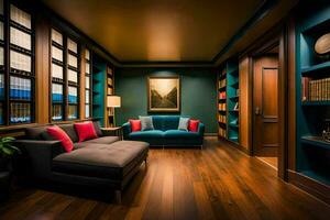 une vivant pièce avec une canapé, étagère à livres et une café tableau. généré par ai photo