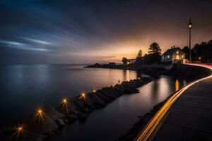 une longue exposition photographier de une phare à nuit. généré par ai photo