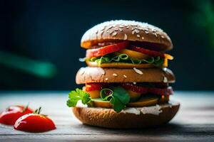 une Hamburger avec tomates et fromage sur Haut. généré par ai photo