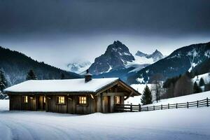 une cabine dans le neige avec montagnes dans le Contexte. généré par ai photo