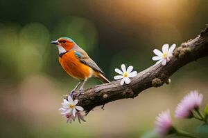 une oiseau est assis sur une branche avec fleurs dans le Contexte. généré par ai photo