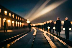 gens en marchant sur une train Piste à nuit. généré par ai photo