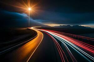 une longue exposition photo de une Autoroute à nuit. généré par ai