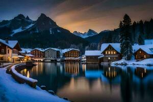 une Lac et Maisons dans le neige à nuit. généré par ai photo