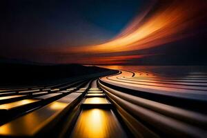 une longue exposition photographier de une train Piste à le coucher du soleil. généré par ai photo