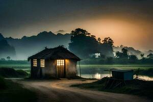 une petit cabane est assis sur le côté de une route à le coucher du soleil. généré par ai photo