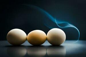 Trois des œufs sur une noir Contexte avec fumée. généré par ai photo