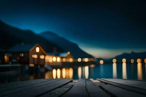 une en bois Dock avec lumières sur il à nuit. généré par ai photo