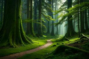 une chemin par une vert forêt avec des arbres. généré par ai photo