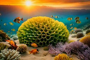 le Soleil monte plus de une corail récif avec poisson et coraux. généré par ai photo