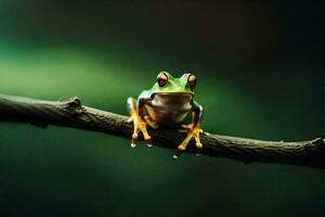 une grenouille séance sur une branche avec une vert Contexte. généré par ai photo