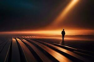 une homme des stands sur une plage à le coucher du soleil avec une faisceau de lumière brillant bas. généré par ai photo