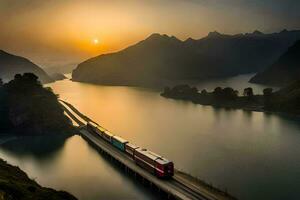 une train en voyageant par le montagnes à le coucher du soleil. généré par ai photo
