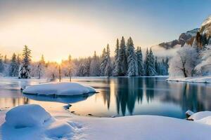 photo fond d'écran le ciel, neige, des arbres, lac, montagnes, soleil, hiver, le montagnes. généré par ai