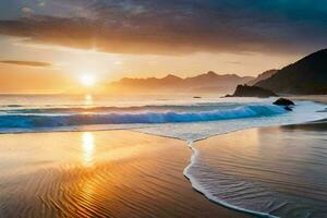 le Soleil ensembles plus de une plage avec vagues et montagnes. généré par ai photo